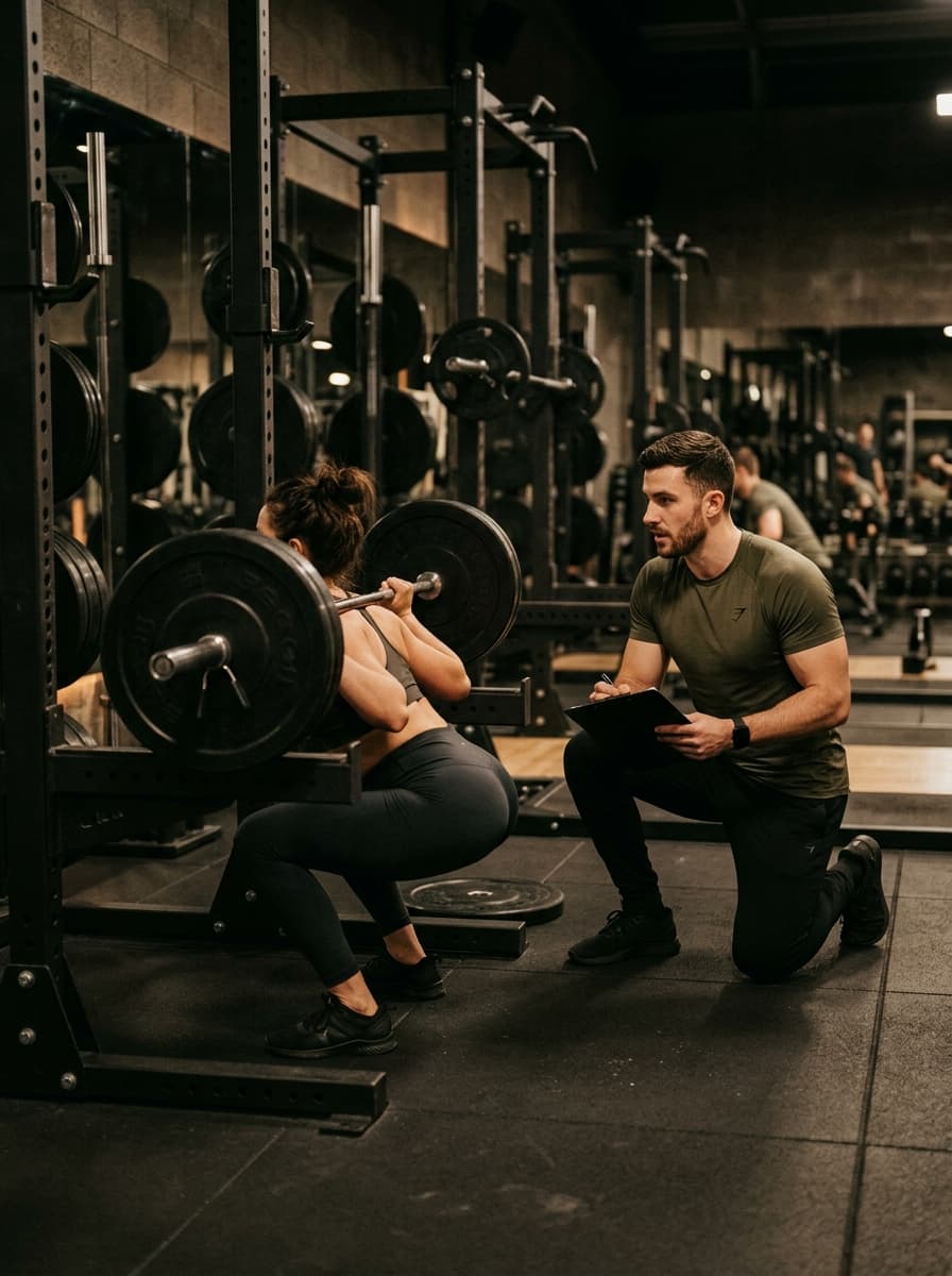 Lachie Sutcliffe coaching a client through a barbell squat