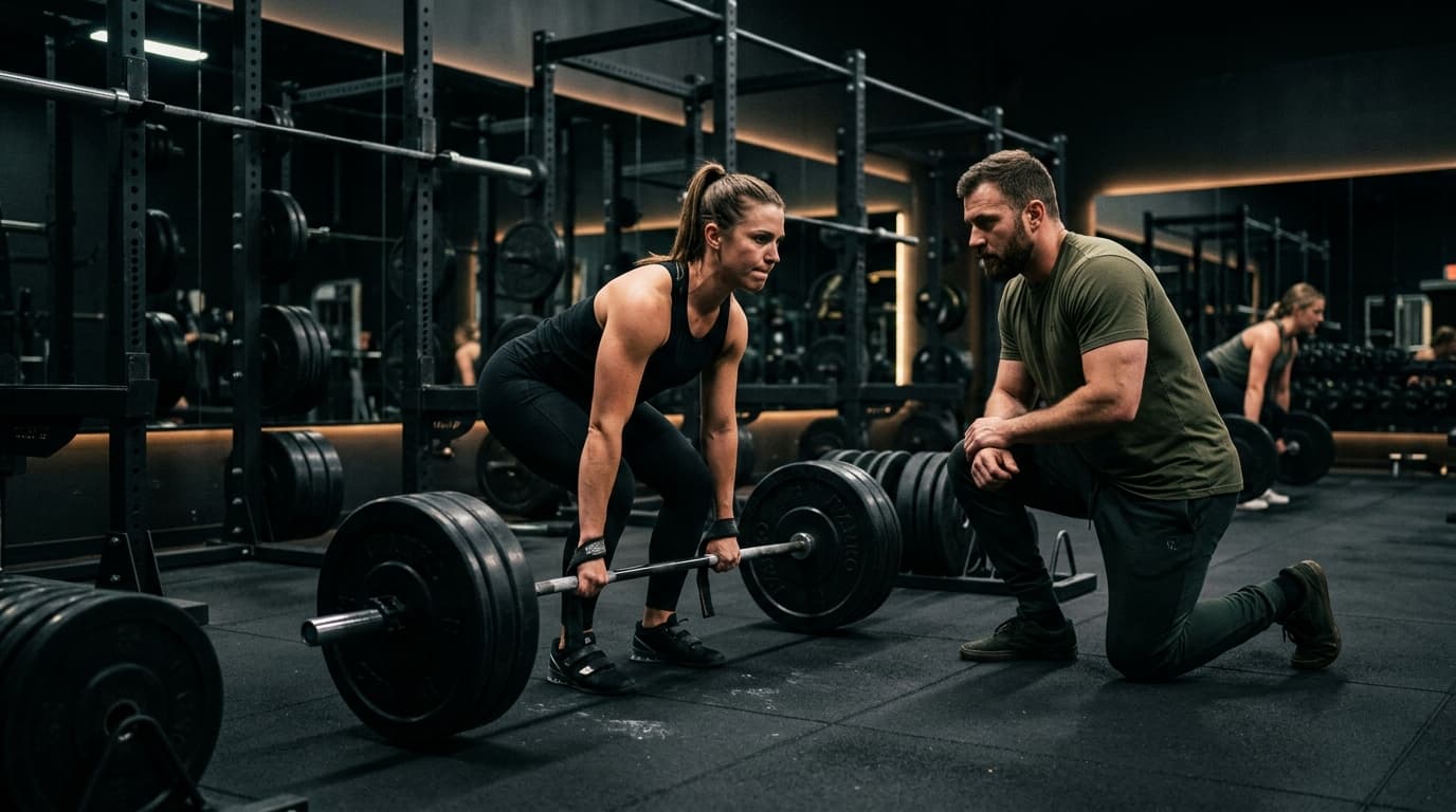 Lachie coaching a client one-on-one through heavy barbell deadlifts
